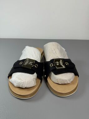 Dr. Scholls Black  Sandal Womens 9 M With Gold Buckle Strap EUC